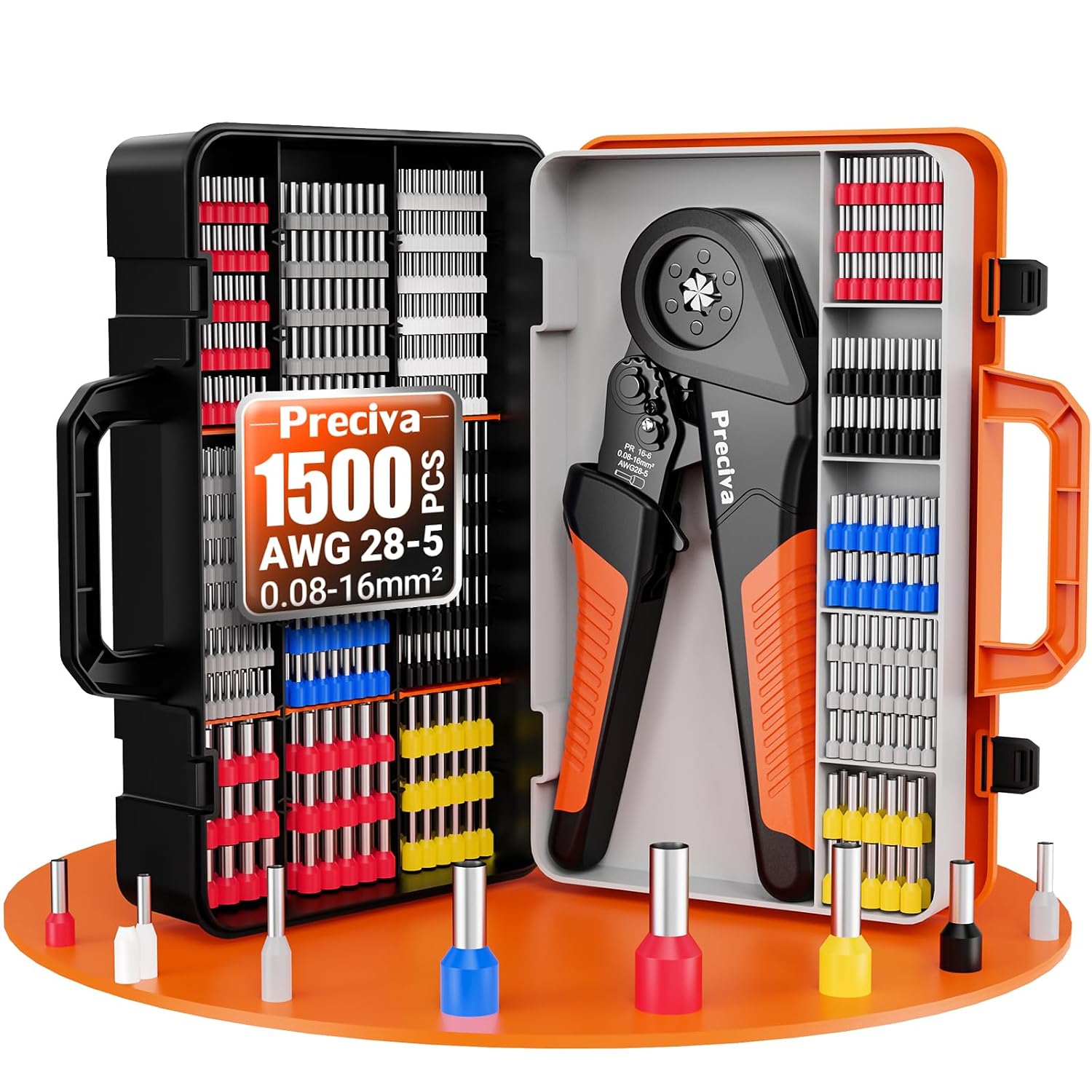 0.08-16mm² Ferrule Crimping Tool Kit with Box and 1500pcs Cable Terminals, Preciva 28-5 AWG Adjustable Ratchet Bootlace Ferrule Crimping Tool Set, Bootlace Wire Crimping Plier...