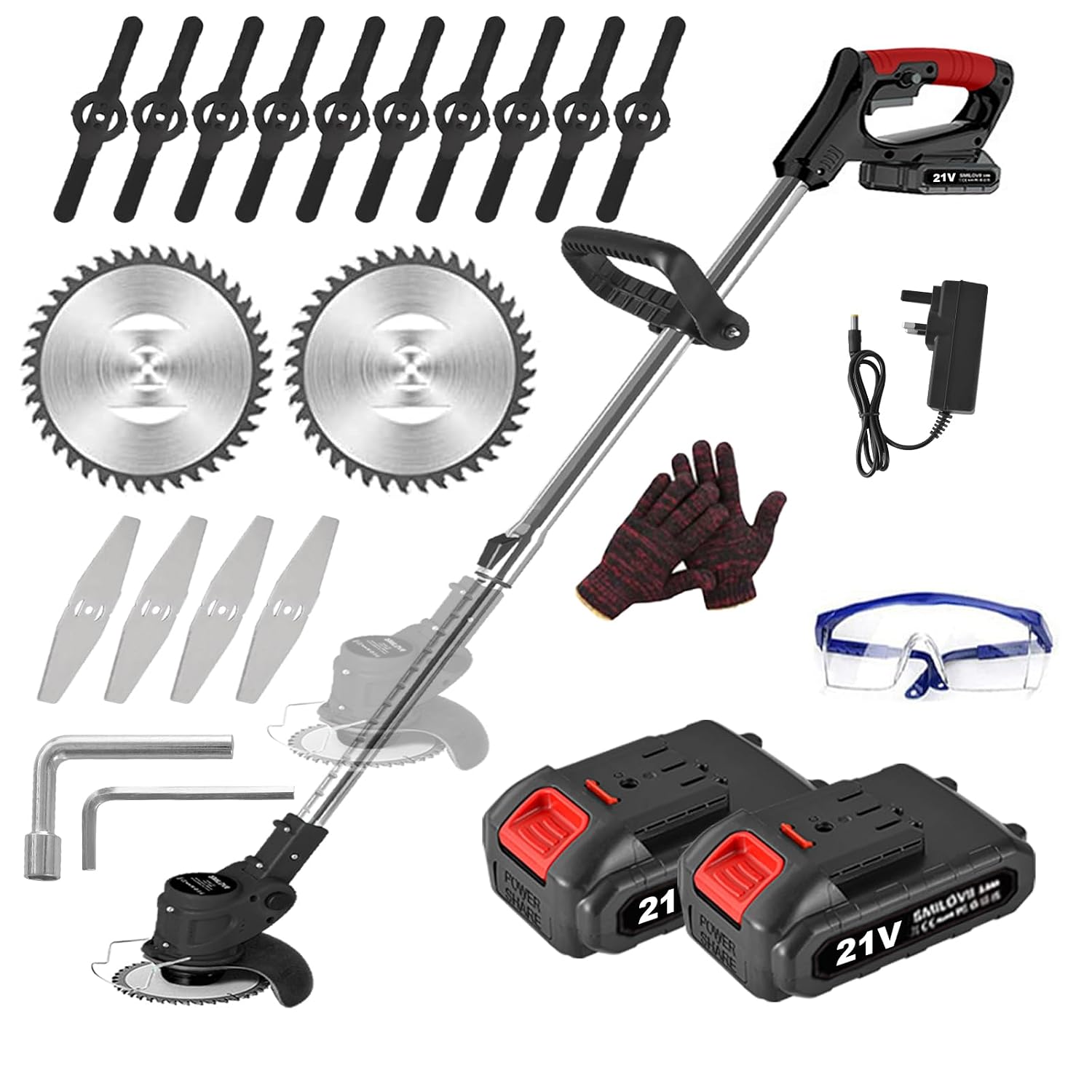 21V Cordless Strimmer, Telescopic Lightweight Grass Trimmer with 6xMetal Blades & 10xPlastic Blades, 2 x 2000mAh Battery, Electric Garden Strimmer Grass Cutter for Lawn Edger...