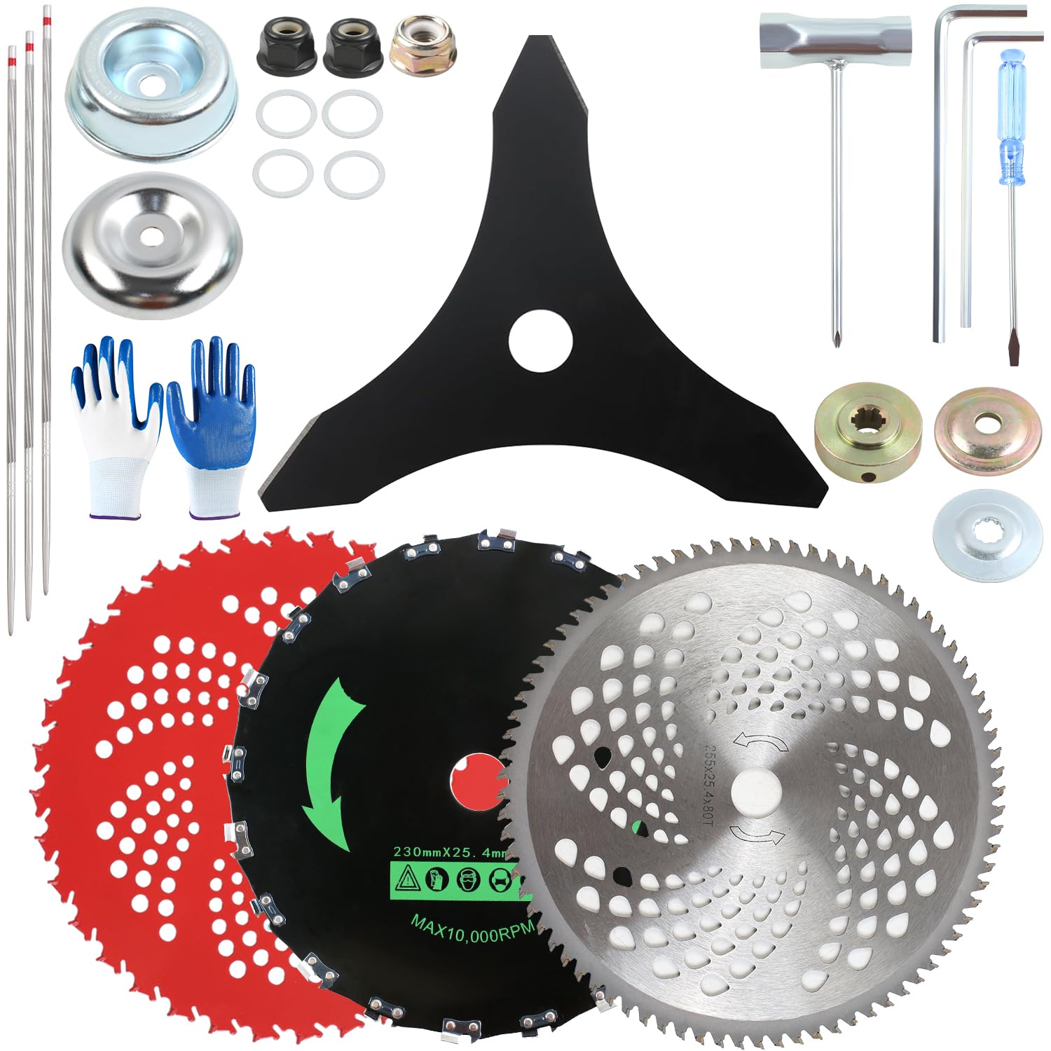 4 Pack Brush Cutter Blade Set, 9" x 36T Teeth Carbide Tipped Blade + 9" x 20T Chainsaw Blade + 10" x 80T Carbide Brush Cutter Blade + 10" x 3T Weed Eater Blades with Universal...