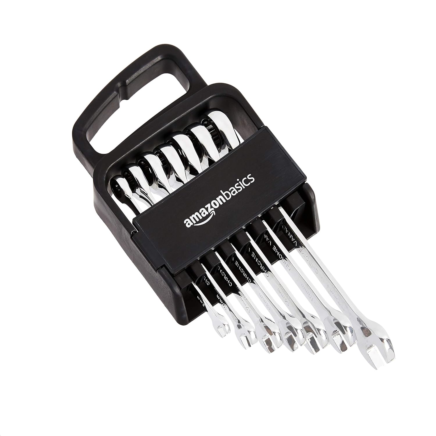 Amazon Basics Ratcheting Wrench Spanner Sets, Metric, Chrome Vanadium Steel, 72-Tooth Ratchet, 5° Swing Arc, 7-Piece, 8-17 mm, for Automotive & Home Repair