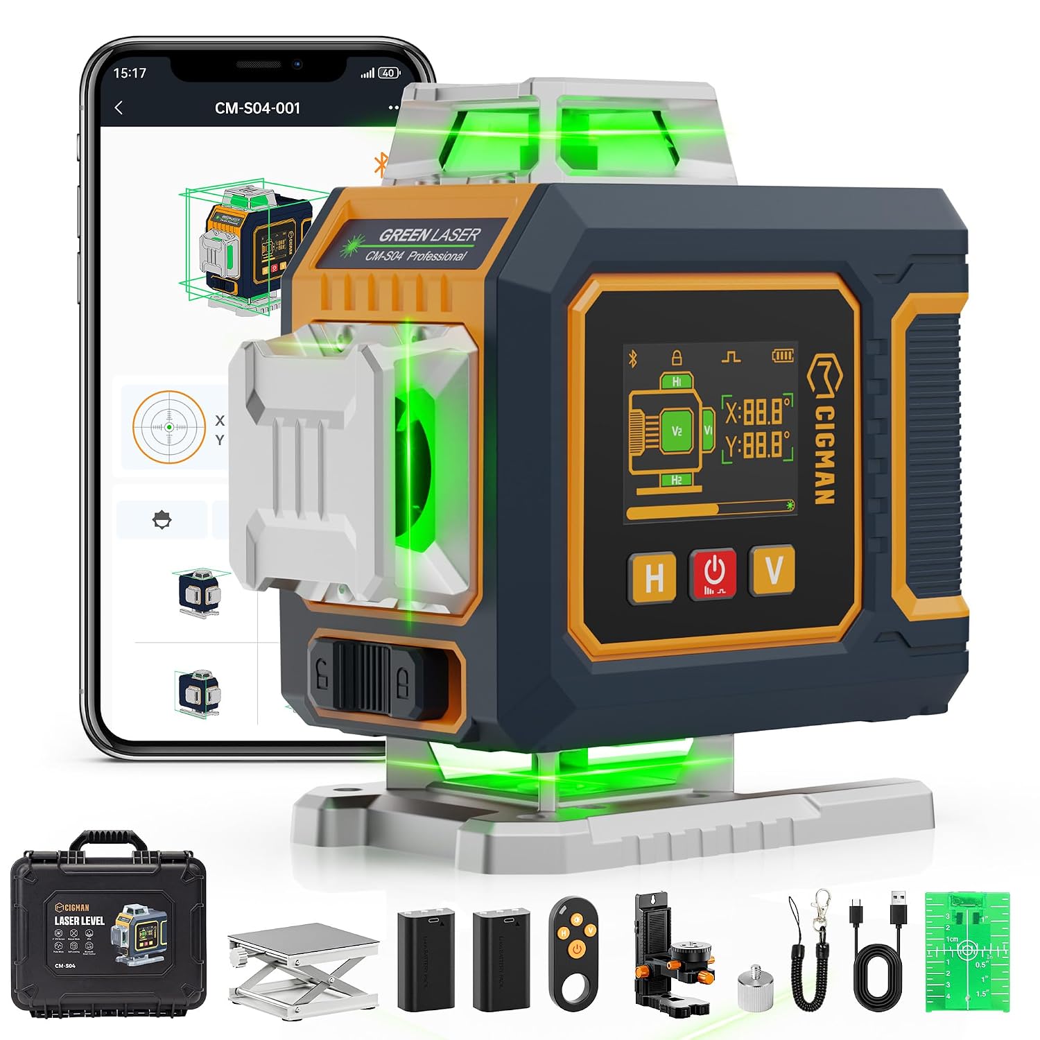 CIGMAN Green Laser Level, 4x360° Self-Levelling, Side Screen Display