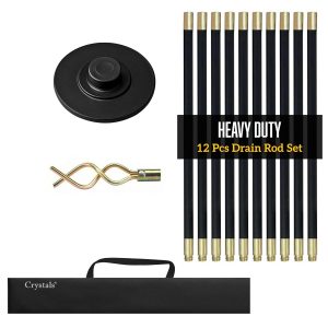 Crystals Drain Rods Set, Drainage Rods for Outside Drain Flexible, 12 Pcs / 9.2M Drain Unblocker with Heavy Duty Rubber Plunger & Double Worm Screw, Drainage Rods for Drain...