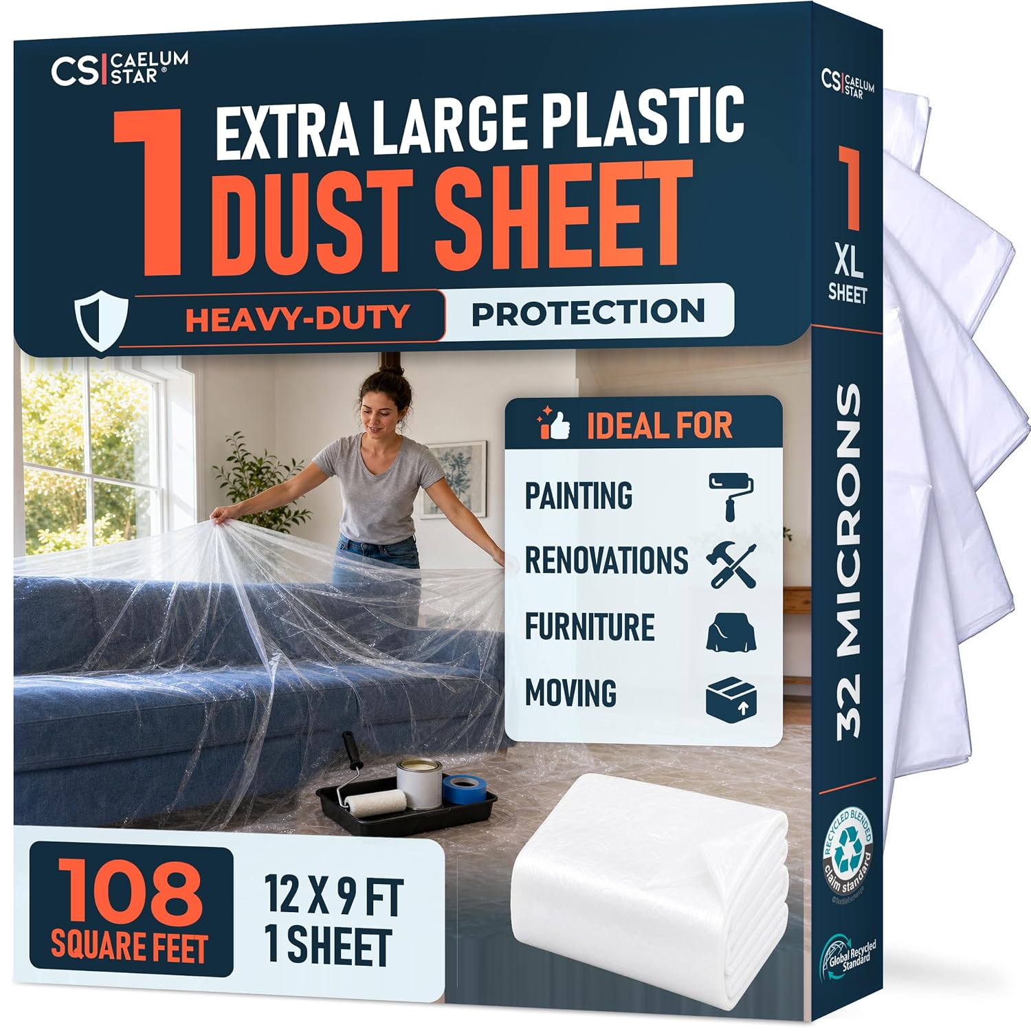 CS 1 Pack Clear Plastic Dust Sheet for Decorating & Painting, 12x9Ft