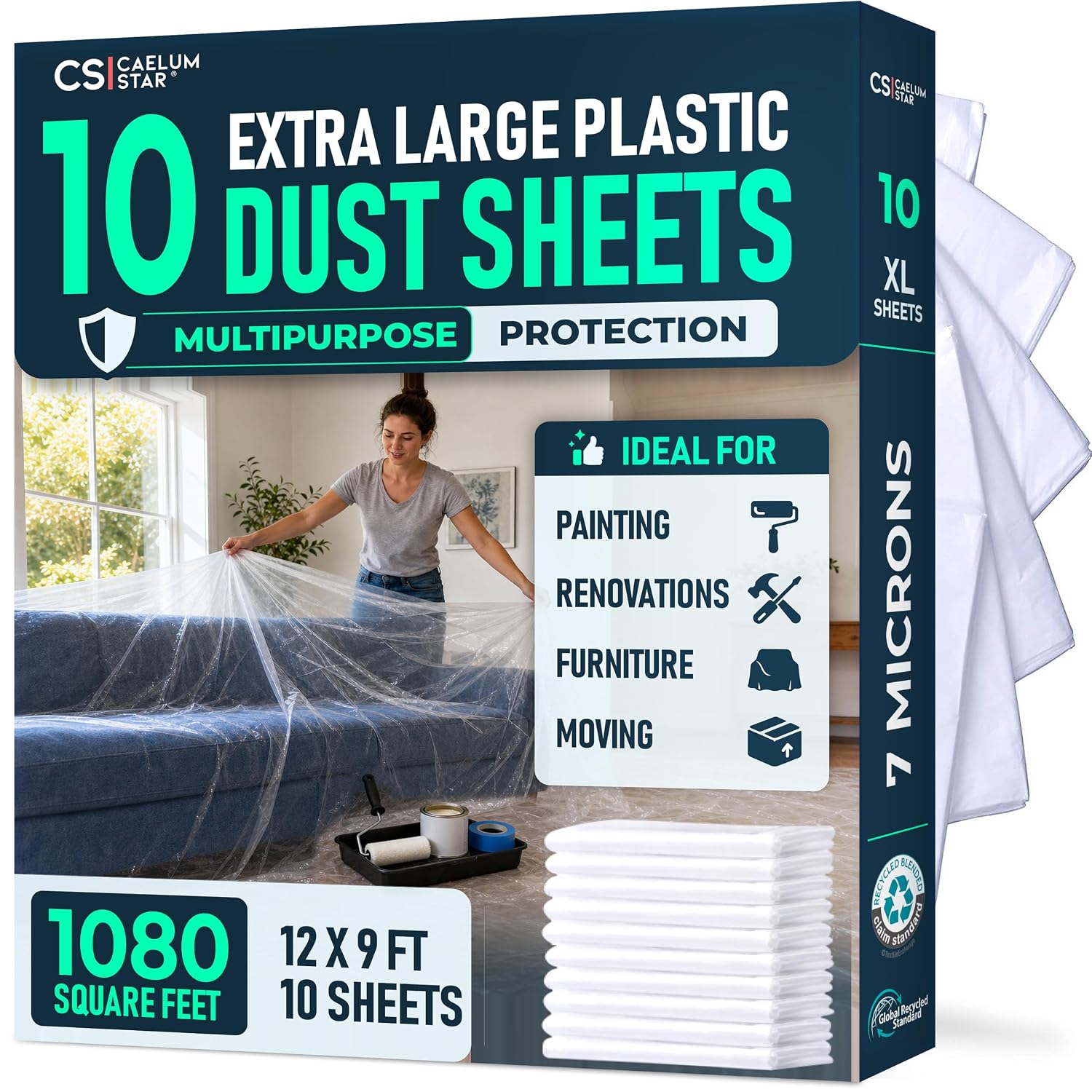 CS 10 Pack Clear Plastic Dust Sheets for Decorating/Painting, 12x9Ft Each