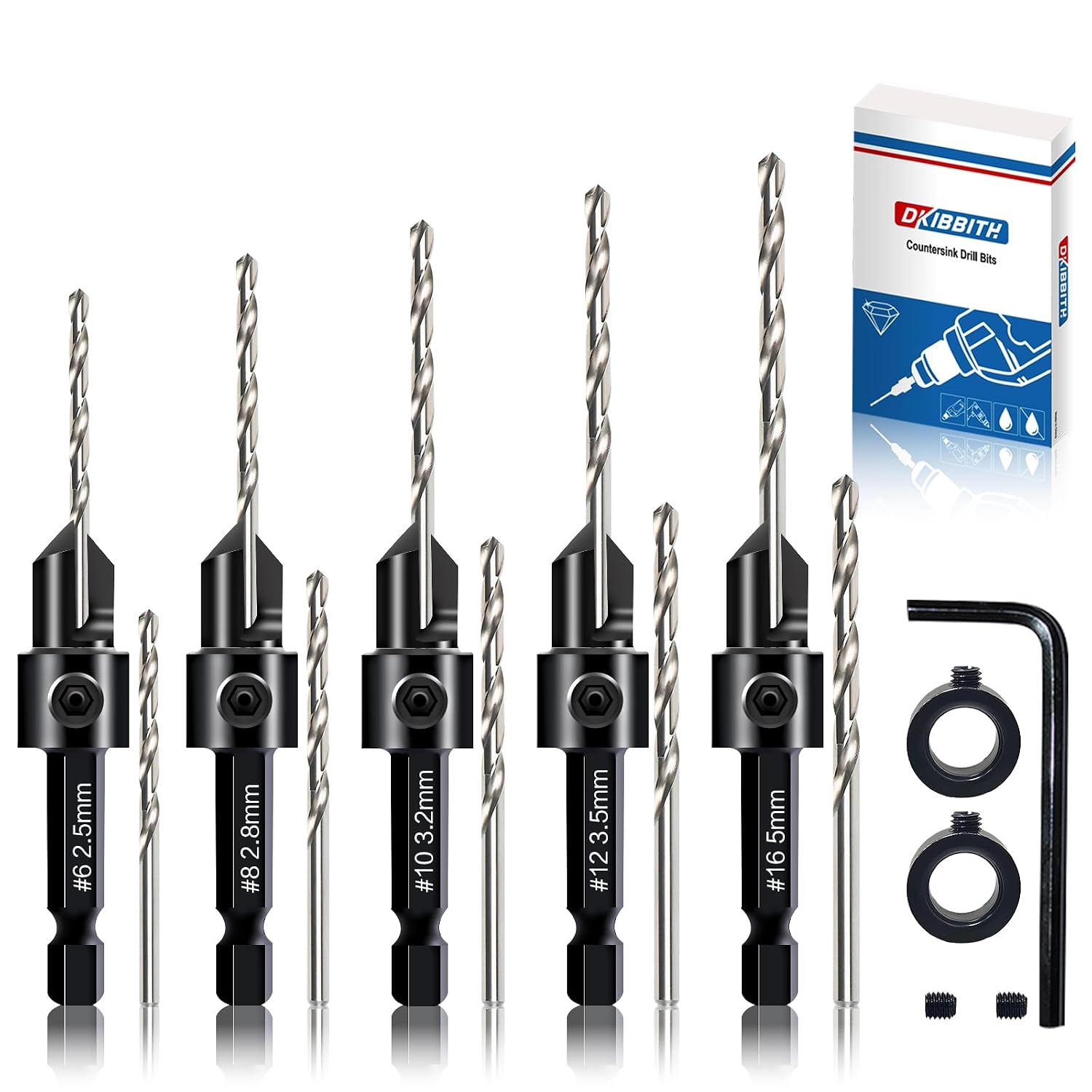 DKIBBITH 12-Piece Countersink Drill Bit Set with 5 Spare Bits, 2 Limit Rings, 1 Hex Key, 2 Screws & Case - 3-in-1 Wood Countersink Bit for #6#8#10#12#16 Screws, 82°Chamfer,...