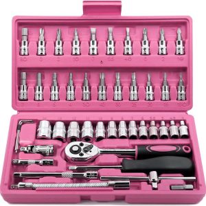 EGOFINE 46 Pieces 1/4 inch Drive Socket Ratchet Wrench Set, with Bit Socket Set Metric and Extension Bar for Auto Repairing and Household, with Pink Storage Case