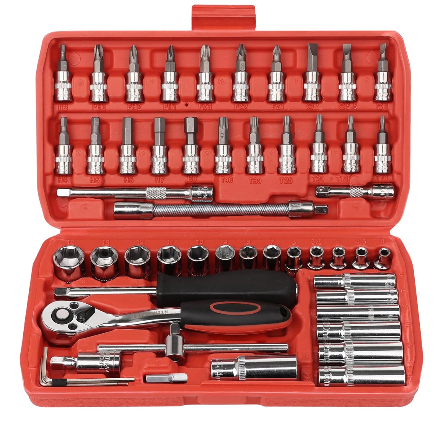 Egofine 53 Pieces 1/4 inch Drive Socket Ratchet Wrench Set with 72 Tooth Reversible Ratchet, with Bit Socket Set and Extension Bar for Auto Repairing and Household, with Storage...