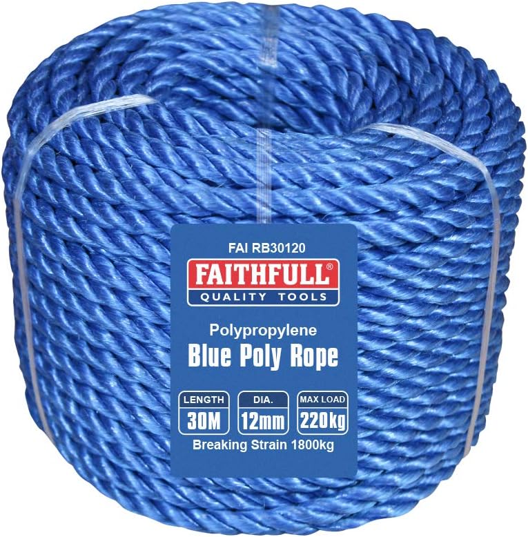 Faithfull Blue Poly Rope Coil - 12mm Dia x 30 Meters, Max Load 220kg, Breaking Strain 1800kg