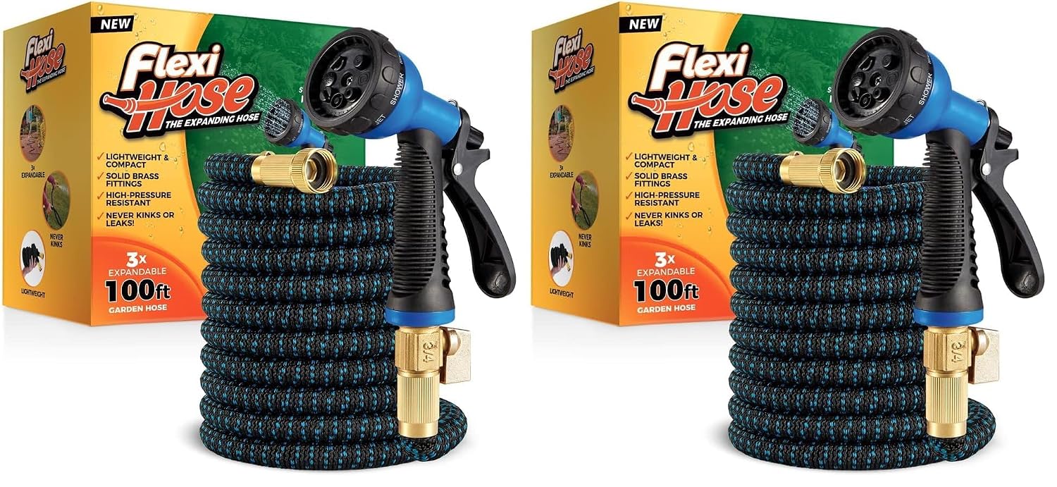 Flexi Hose 100FT Expandable Garden Hose Solid Brass Fittings (Pack of 2)