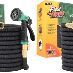 Flexi Hose 100FT Expandable Garden Hose with Solid Brass Fittings, Black (Pack of 2)