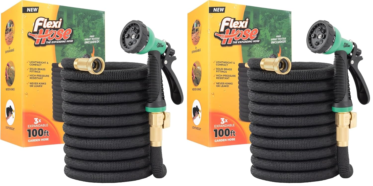 Flexi Hose 100FT Expandable Garden Hose with Solid Brass Fittings, Black (Pack of 2)
