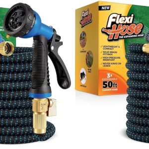 Flexi Hose 50FT Expandable Garden Hose Solid Brass Fittings, Blue/Black (Pack of 2)