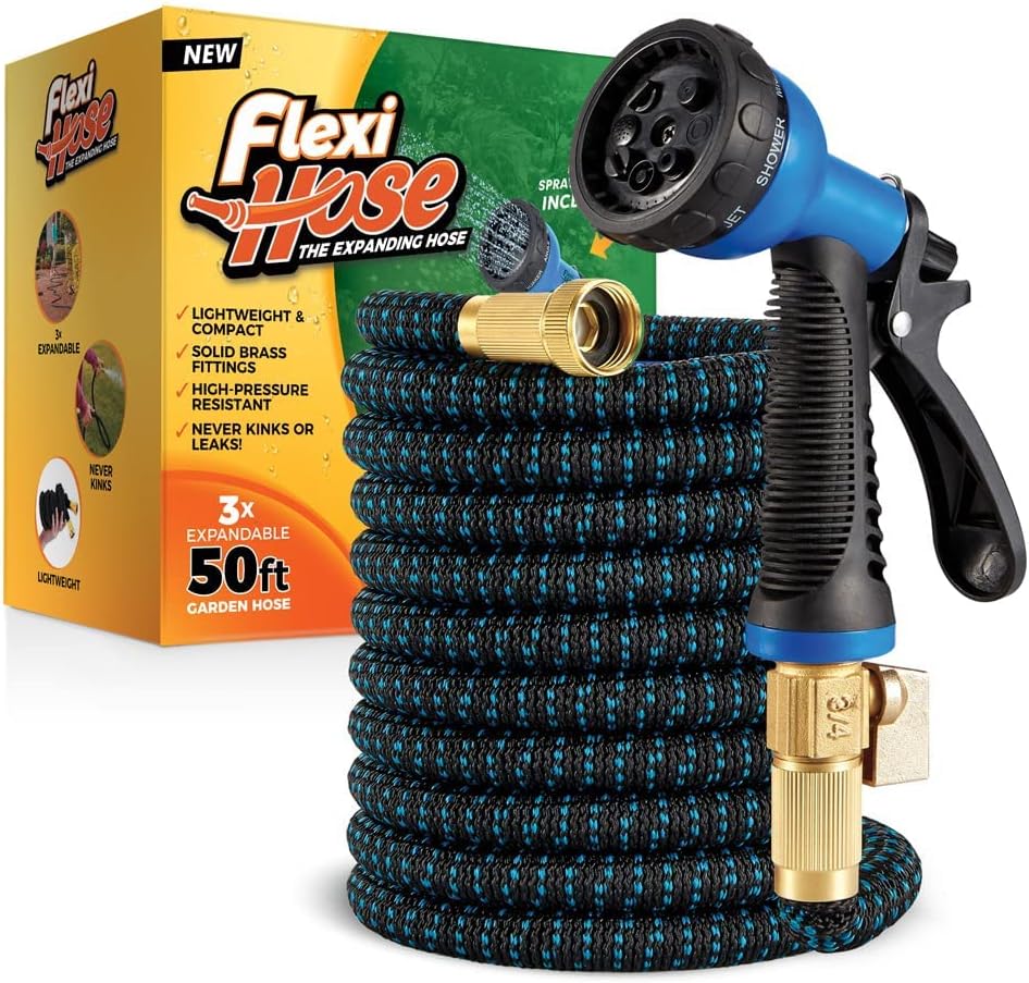 Flexi Hose Expandable Garden Hose 50ft, 8 Function Spray Nozzle, Black