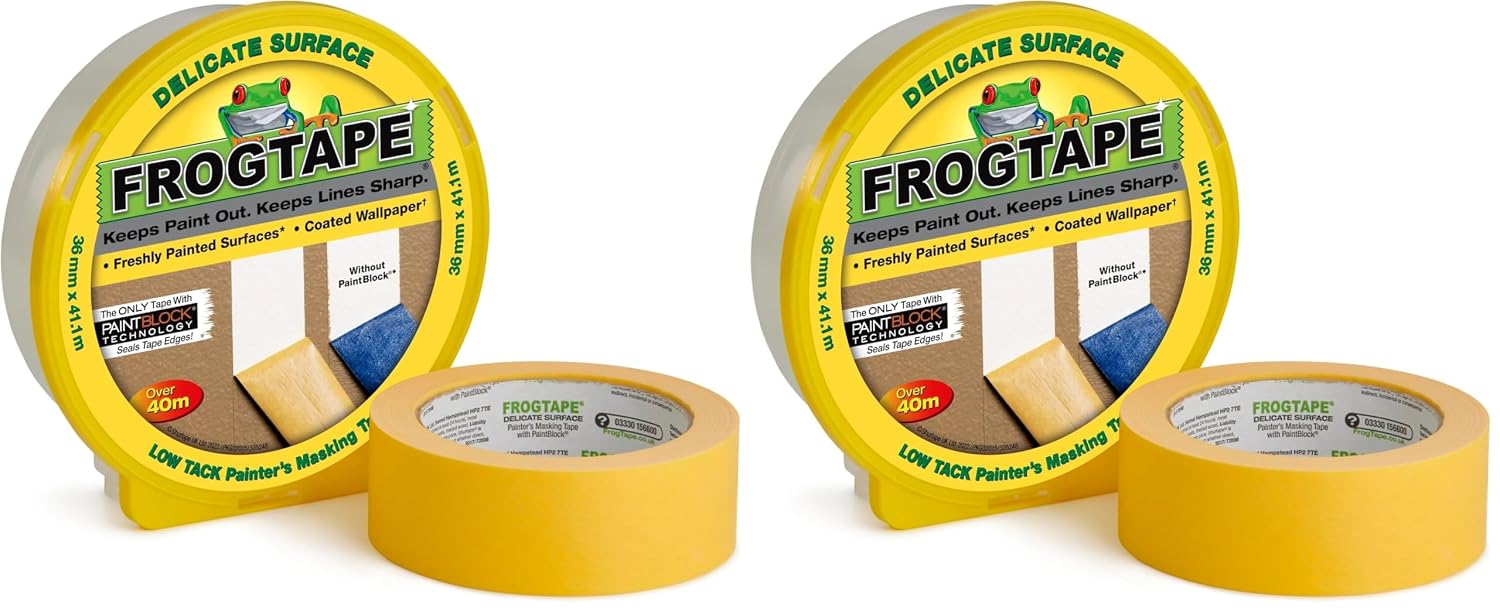 Frog Tape Yellow Delicate Surface Painters Masking Tape 36mm x 41.1m. Indoor painting and decorating for sharp lines and no paint bleed (Pack of 2)