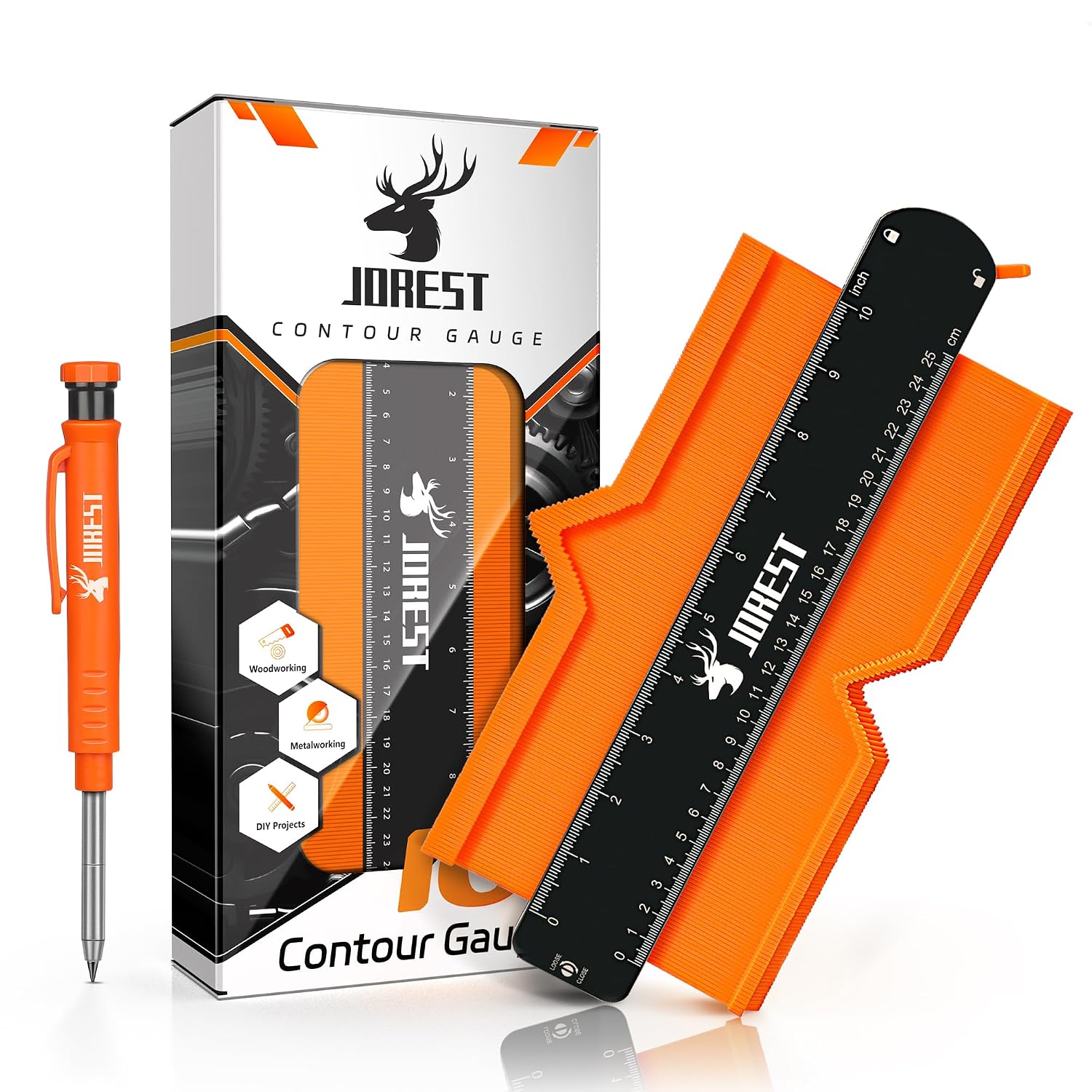JOREST Contour Gauge 10 Inch + Carpenter Pencil, Profile Template Tool for Laminate Flooring, Tile Laying, Woodworking, Measuring Shape Outline, Unique Gifts Ideas for Men Dad...