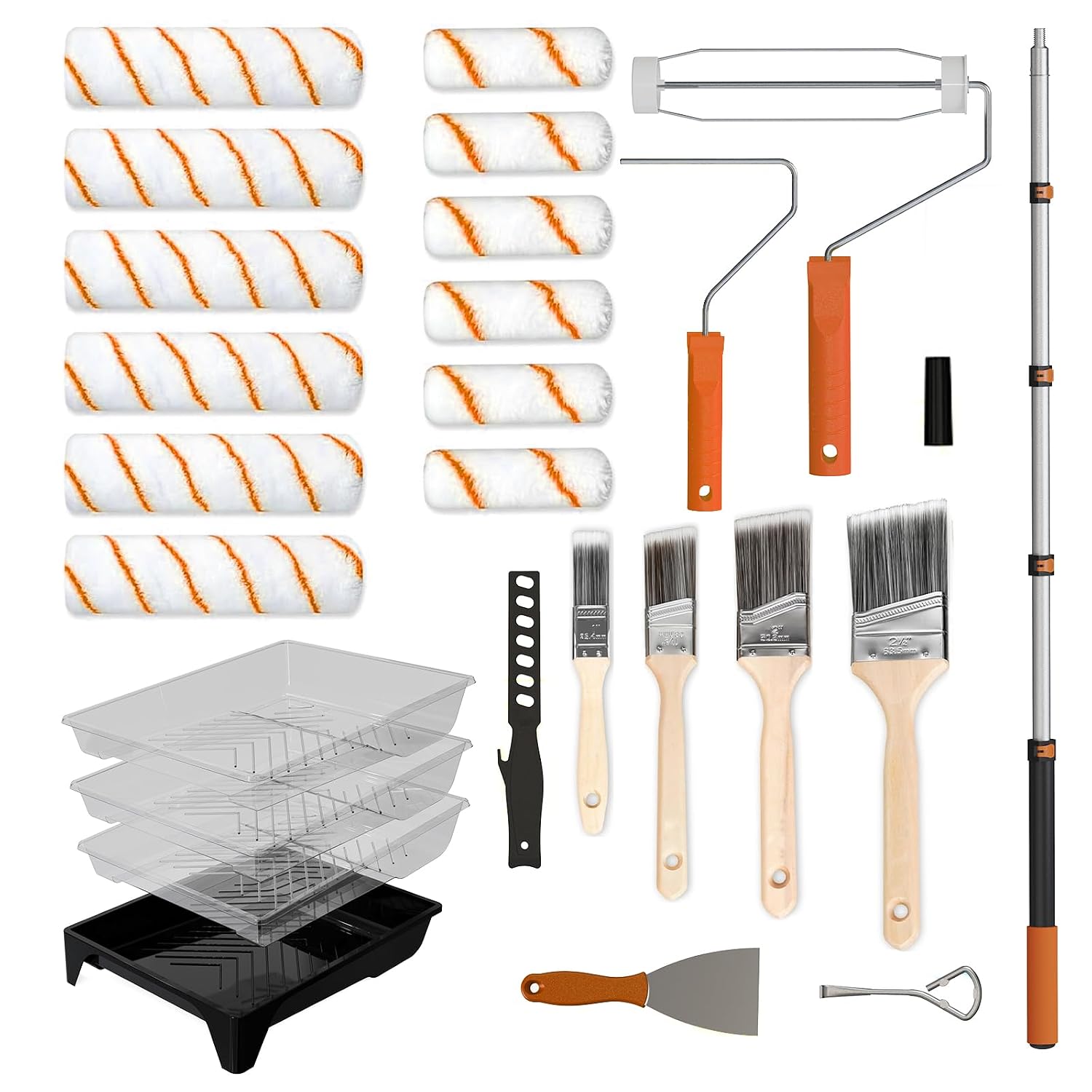 LAANPOLE Paint Roller Set, 27 Piece Paint Supplies, 23cm 10cm Roller Sets for Painting, 0.3-1.3m Extension Pole, Paint Rollers and Trays Sets for Painting Walls, Ceiling, Door