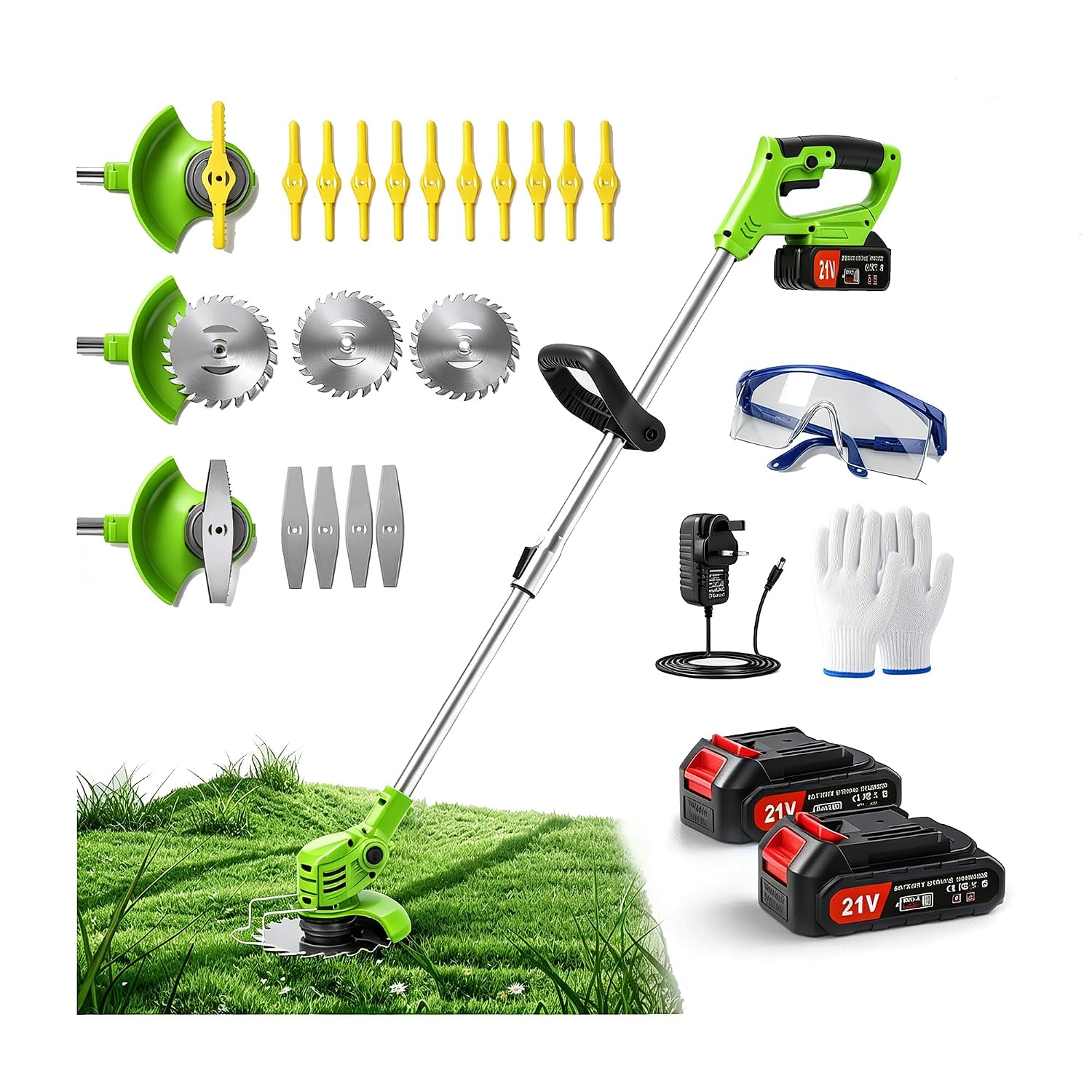 Metal Blade Cordless Strimmer 21v Grass Trimmers Easy to use, 3.2LBS weight Grass Trimmer For Lawns and Farmland, DIY Garden, Lawn Care (Black) (Yellow-green)