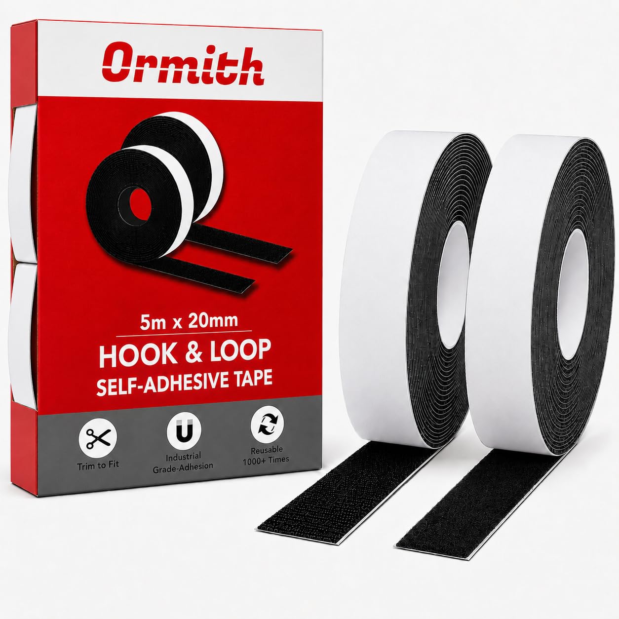 ORMITH Hook and Loop Tape Self Adhesive Black 2mm x 5m, Heavy Duty Sticky Back Strips for Cables, Remotes, Photo Frames, Cushions, Rugs and Tools