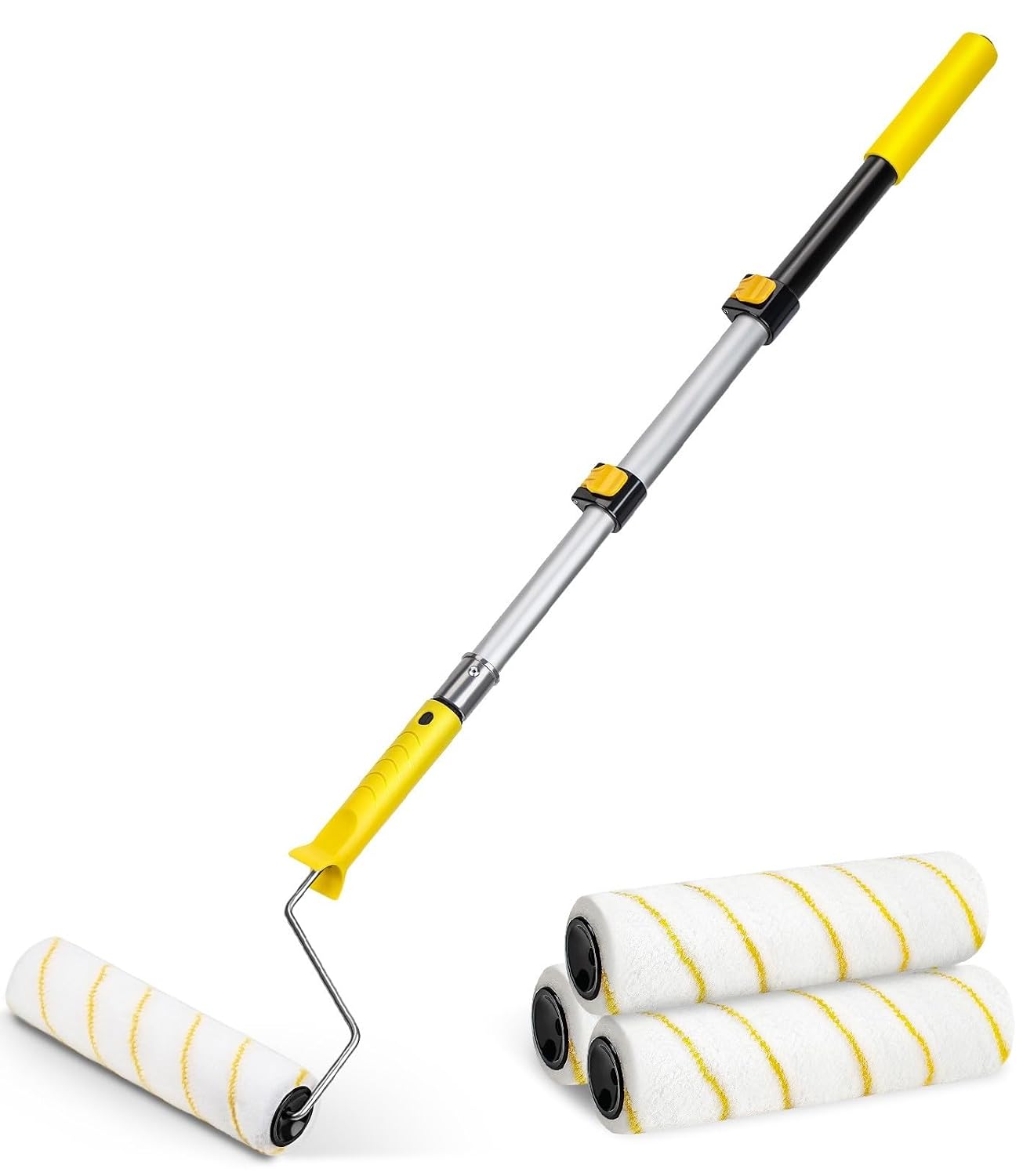 Paint Roller with Telescopic Handle, Aluminum Telescopic Rod with 3 Paint Rollers for Household Project Painting and Renovation