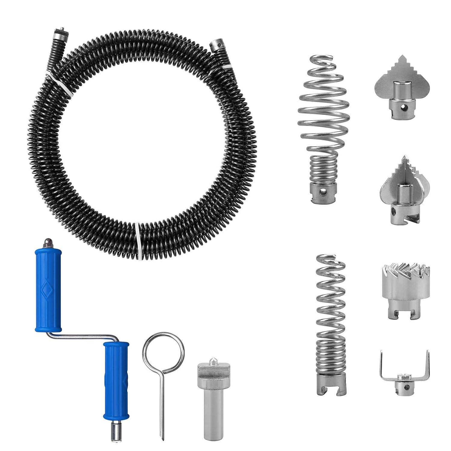 Pipe Cleaning Spiral 5 m Spiral φ 12 mm with 6 Pieces Drain Cleaner Cutting Head & Hand Tool, Professional Drain Unblocker Drain Snake for Sewer, Bathroom Drainage,Kitchen...