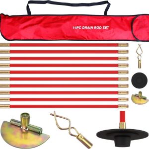 Pro 30ft Drain Rod Set Kit in Carry Bag Professional Heavy Duty Unlock Plunger Worm Scraper Cleaning Rods Rodding 14 PC 9m Length
