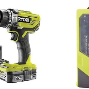 Ryobi 18 V ONE+ Cordless Combi Drill Starter Kit and Mixed Drilling and Driving Bit Set, 46 Piece