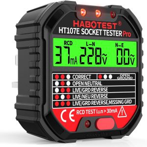 Socket Tester RCD Plug Outlet Tester UK, Electrical Receptacle Detector with LCD Display, 90-250V Power Socket Automatic Electric Circuit Polarity Breaker Finder (HT107E)