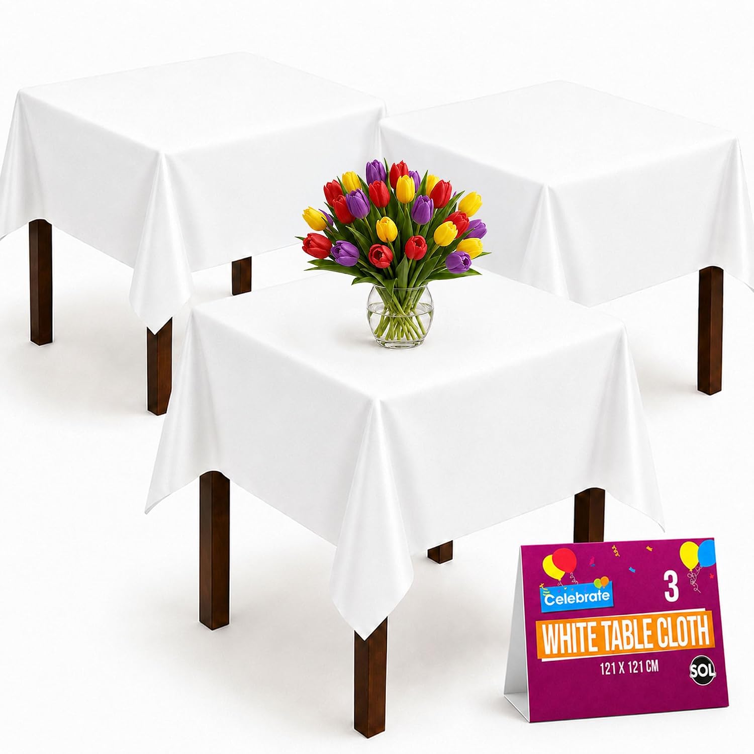 SOL 3pk White Table Cloth Party - Plastic Table Cover 121x121cm