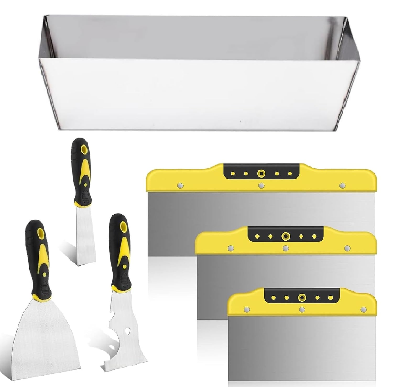 suokoun Wallpaper Scraper Set, 7 Pieces Stainless Steel Drywall Hand Tool Kit Includes Taping Putty Tool and 12" Mud Pan with Soft Grip Handle for Drywall Work