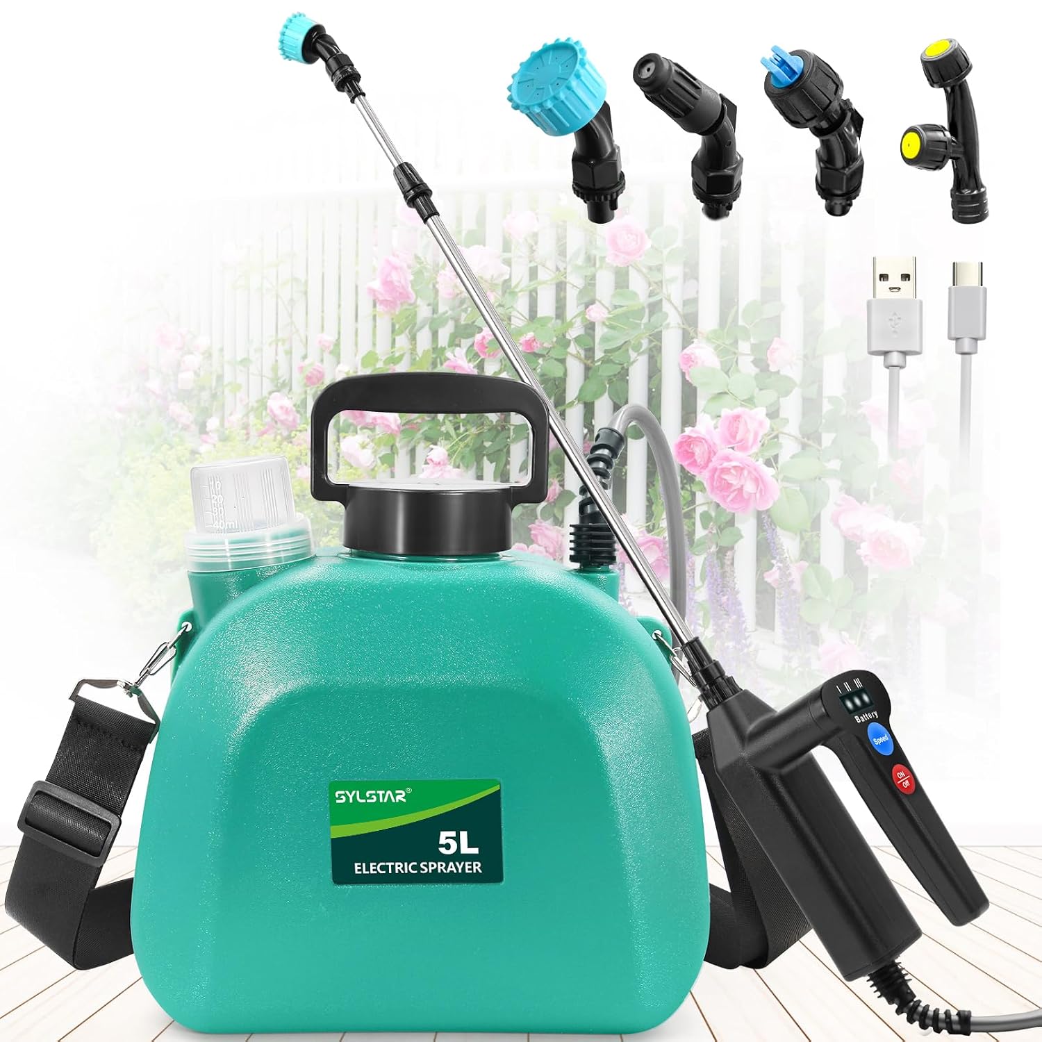 SYLSTAR Garden Sprayer 5L, Battery Powered Pressure Sprayer with 3 Adjustable Spray Power, Battery Indicator, 4 Spray Nozzles, Upgrade Electric Weed Spray & Water Spray with...