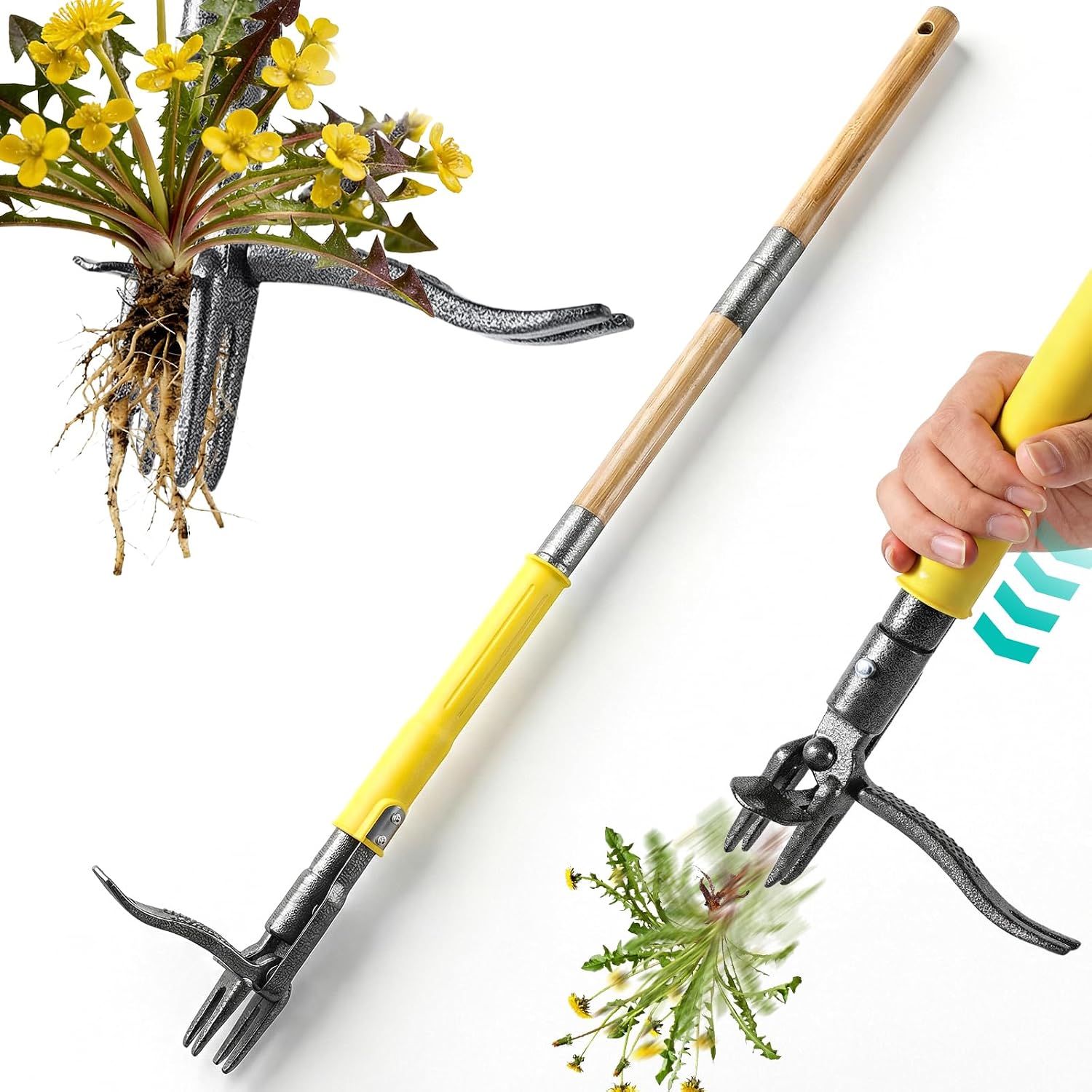 Weed Puller Tool Stand Up with Slide-Release Ejection, Reinforced Steel Weeder with 3-Section Long Handle, No-Touch Cleaning for Lawn & Garden, Heavy Duty No Bend Weeding Tool...