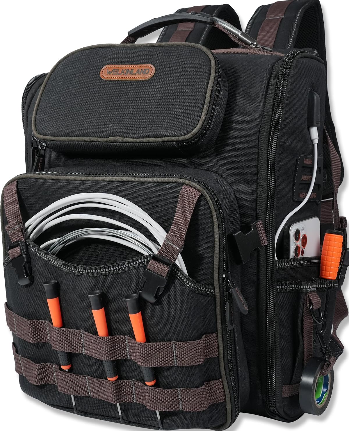 WELKINLAND 46-Pocket Electrician Backpack, Fully Open Tool Backpacks, Heavy Duty Tool Backpack, Waterproof Waxed Canvas Tool Backpacks, HVAC, Mechanical Tool Bag