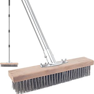 Wire Scrub Weed Brush with Long Handle for Deck, Concrete, Patio Floor Cleaning, Heavy Duty Stiff Metal Bristle Scrubber Broom for Garden Outdoor Moss Algae,Removal