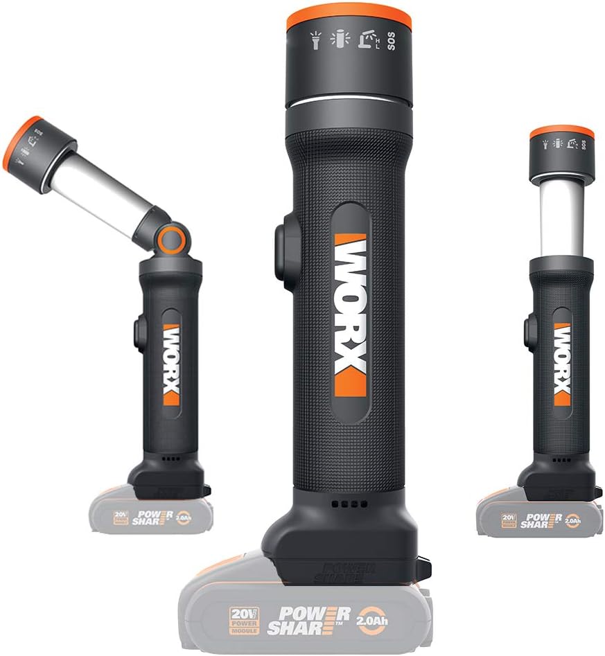 WORX PowerShare 4-Function LED Flashlight | WX027.9 - Without Battery, No Charger | 4 Functions, Rotating Head, 80 m Range